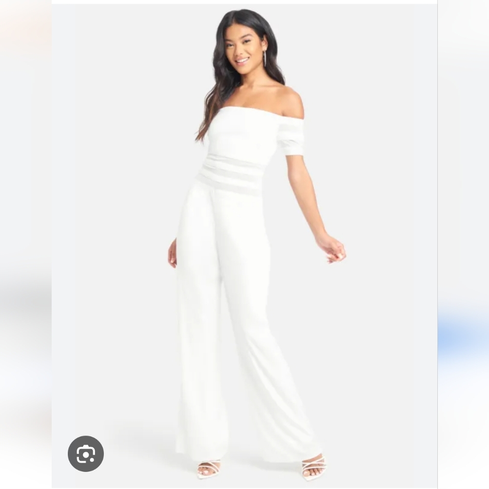 Bebe off shoulder mesh panel jumpsuit nwt